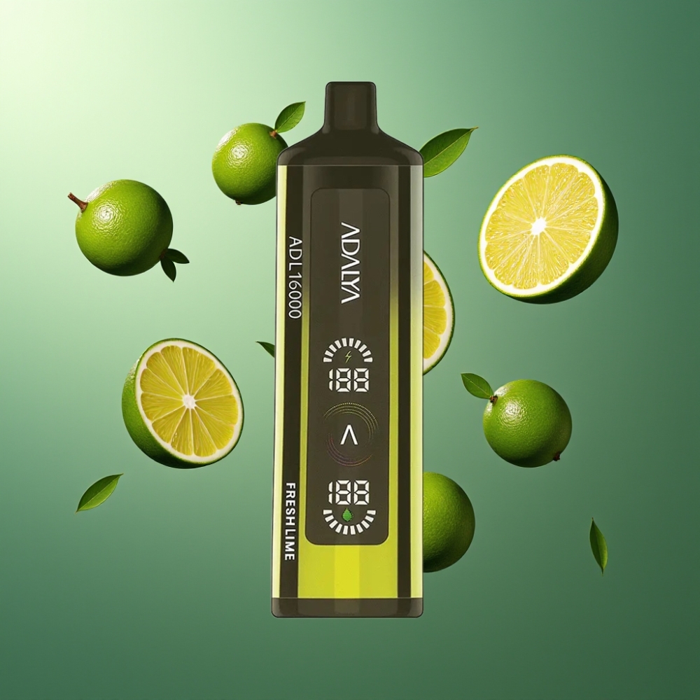 Adalya ADL 16000 PRO Puffs Vape til Engangsbruk Norge Engros – 25ml E-liquid, 16.000 puffs, Smart Mesh Coil, USB-C, Digital Skjerm, Frisk Lime
