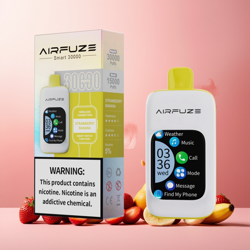 AirFuze Smart 30000 Puffs Norge Engros Vape til engangsbruk Jordbær Banan med 5% Nikotin, 900mAh Batteri, Type-C Lading og 2.01\" TFT Touch Skjerm