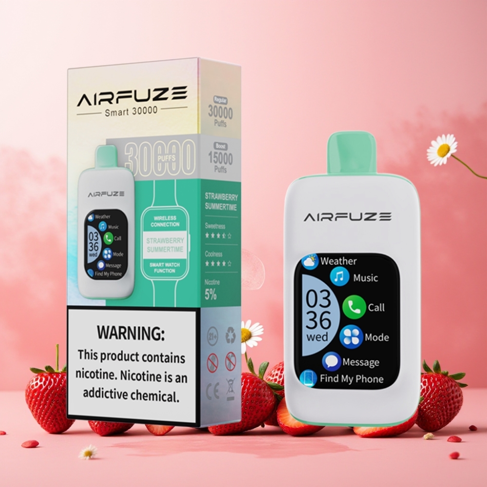 AirFuze Smart Norge Engros 30000 Puffs Vape til engangsbruk Jordbær Sommertid med 5% Nikotin, 900mAh Batteri, Type-C Lading, 2.01\" TFT Touch Skjerm