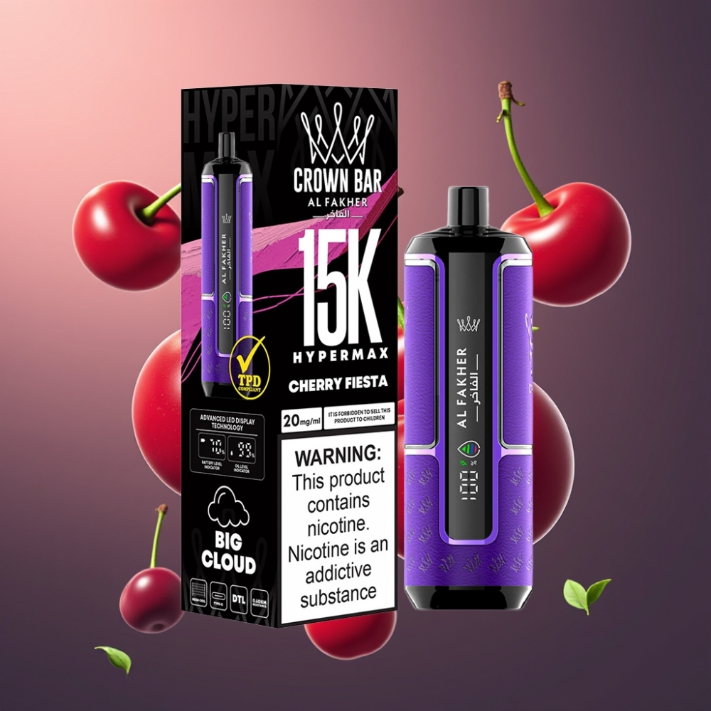 Al Fakher Crown Bar 15K Hypermax Norge Engros Vape til Engangsbruk Kit 22ml 15000 Puffs 20mg DTL Cherry Fiesta
