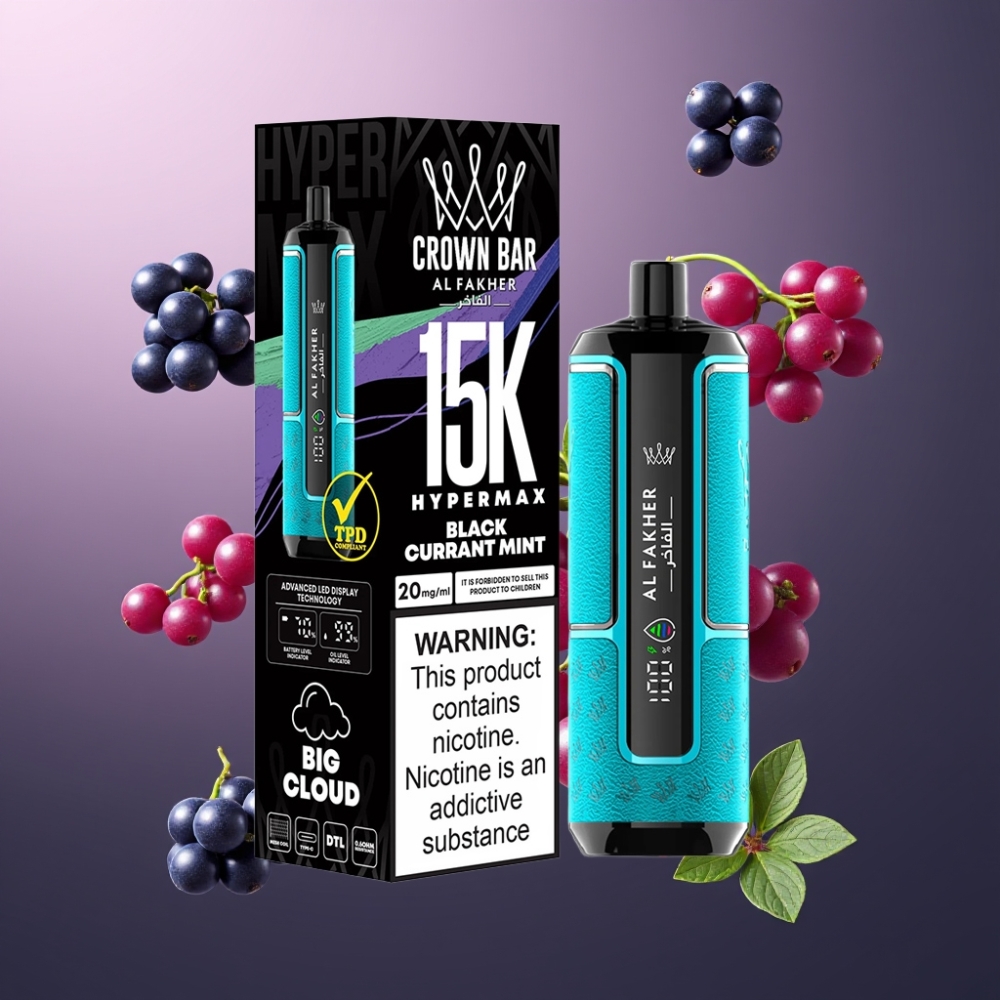 Al Fakher Crown Bar 15K Hypermax Norge Engros Vape til Engangsbruk Kit 22ml 15000 Puffs 6mg Nikotin Svartsolbær Mynte