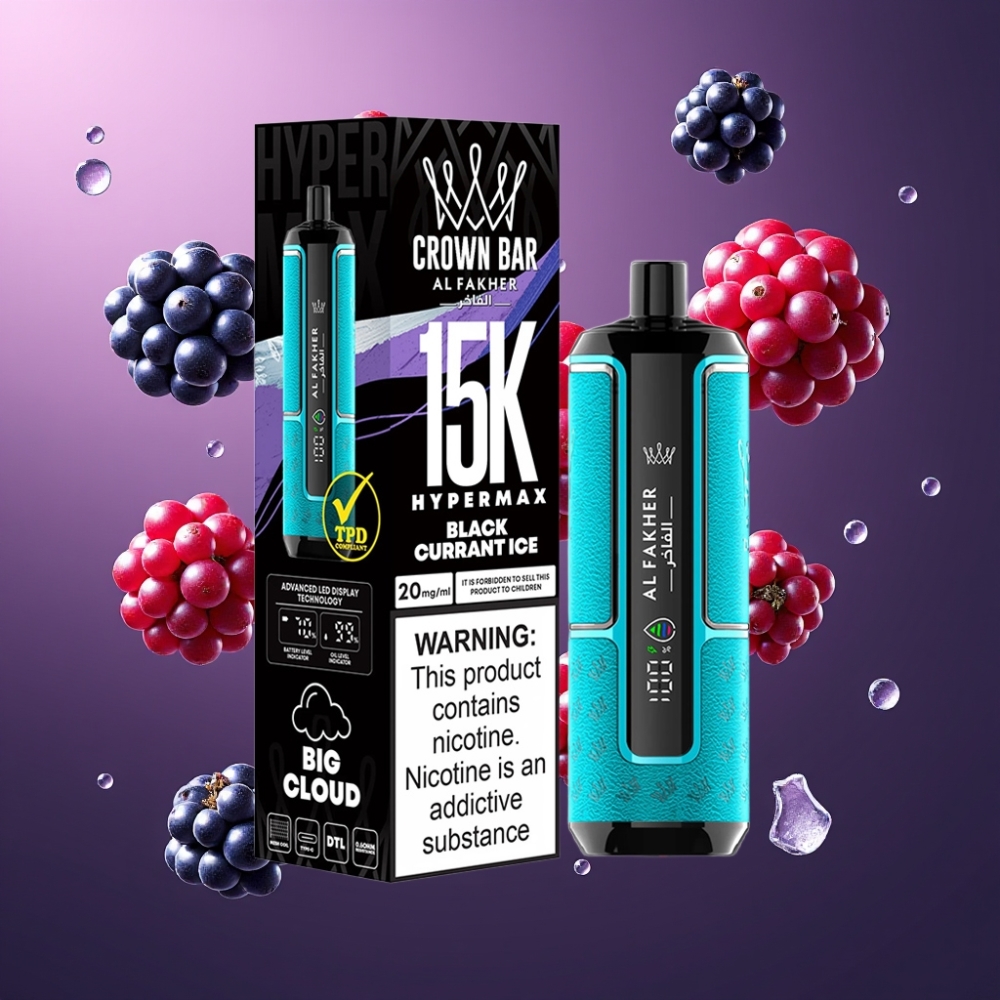 Al Fakher Crown Bar 15K Hypermax Norge Engros Vape til Engangsbruk Kit 22ml 600mAh Type-C 20mg Svartkjørent Is