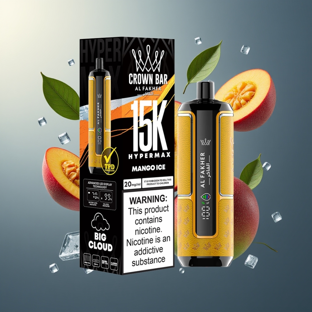 Al Fakher Crown Bar 15K Hypermax Norge Engros Vape til Engangsbruk Kit Mango Is – 22ml, 15 000 Puffs, 600mAh, Type-C, 6mg Nikotin