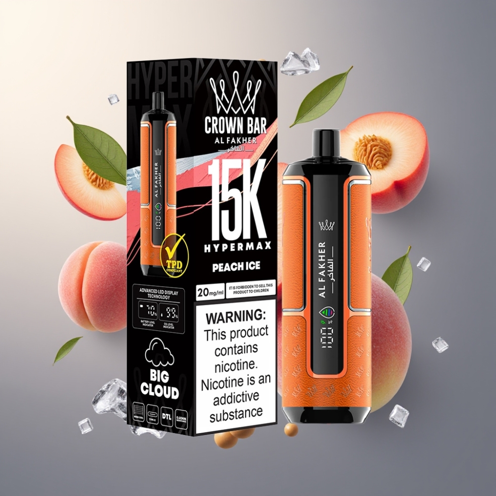 Al Fakher Crown Bar 15K Hypermax Norge Engros Vape til Engangsbruk Kit Peach Ice 22ml 600mAh 15 000 Puffs