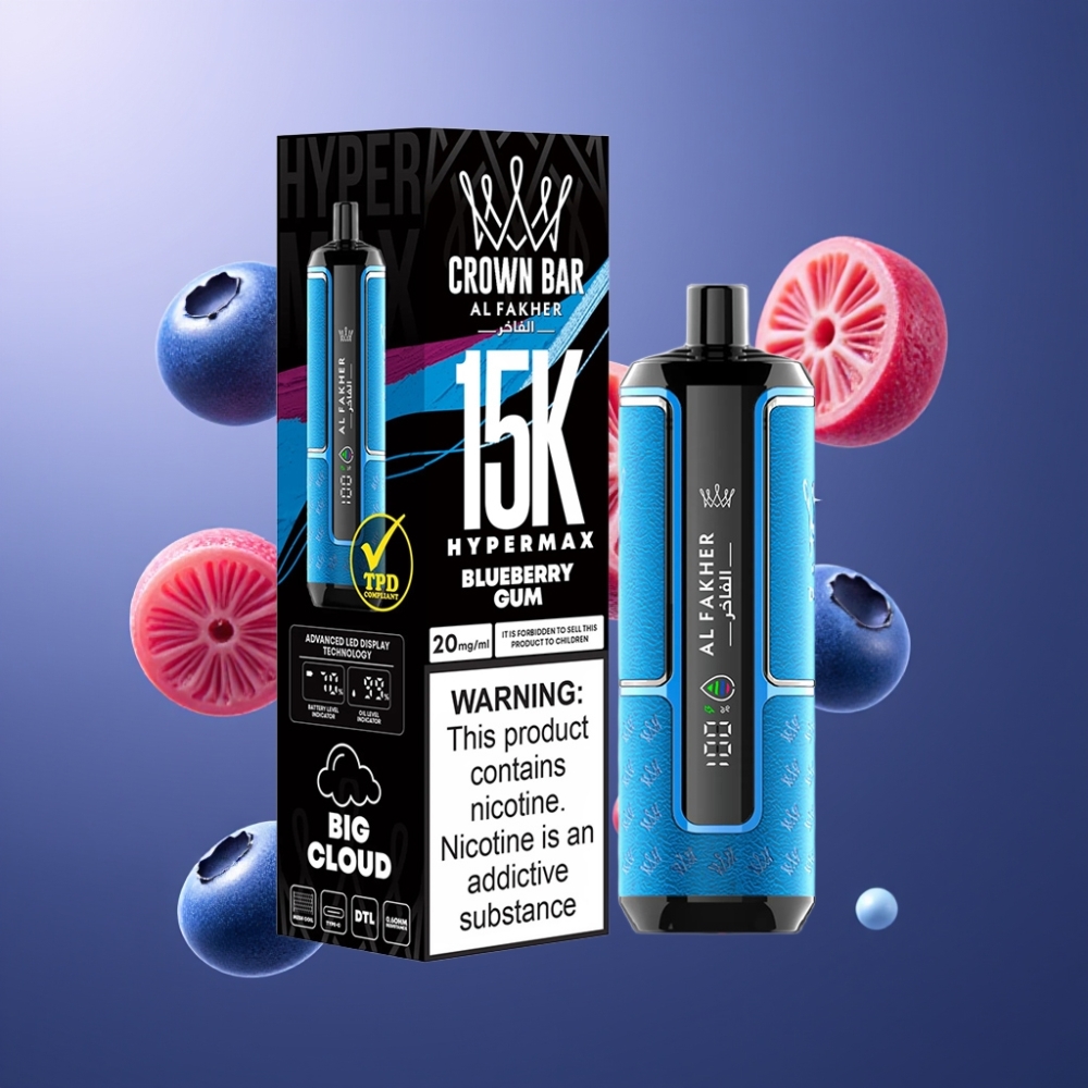 Al Fakher Crown Bar 15K Hypermax Vape til Engangsbruk Kit Blåbærtuggummi Norge Engros – 22ml, 15 000 Puffs, 6mg Nikotin, Type-C Lading