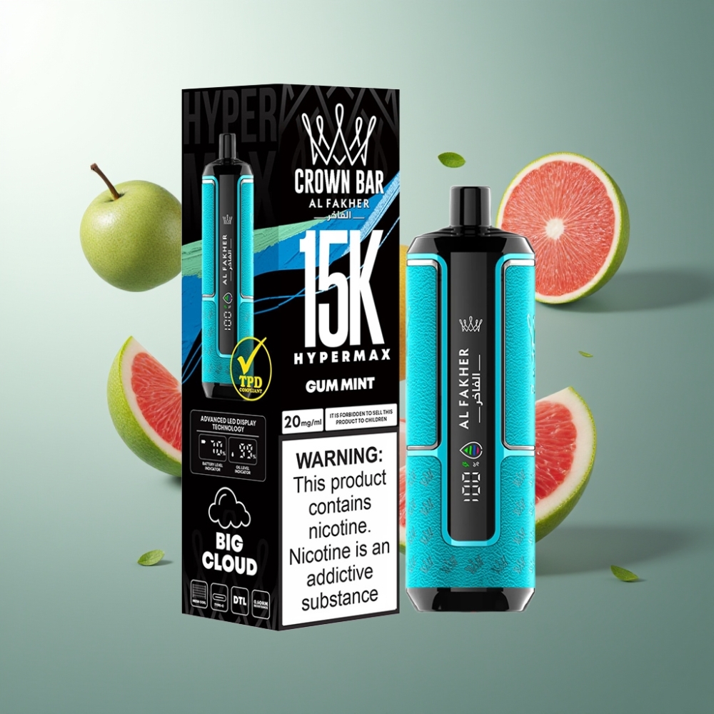 Al Fakher Crown Bar 15K Hypermax Vape til Engangsbruk Kit Norge Engros – 22ml, 15.000 Puffs, 600mAh, Type-C, 20mg – Tyggegummi Mynte
