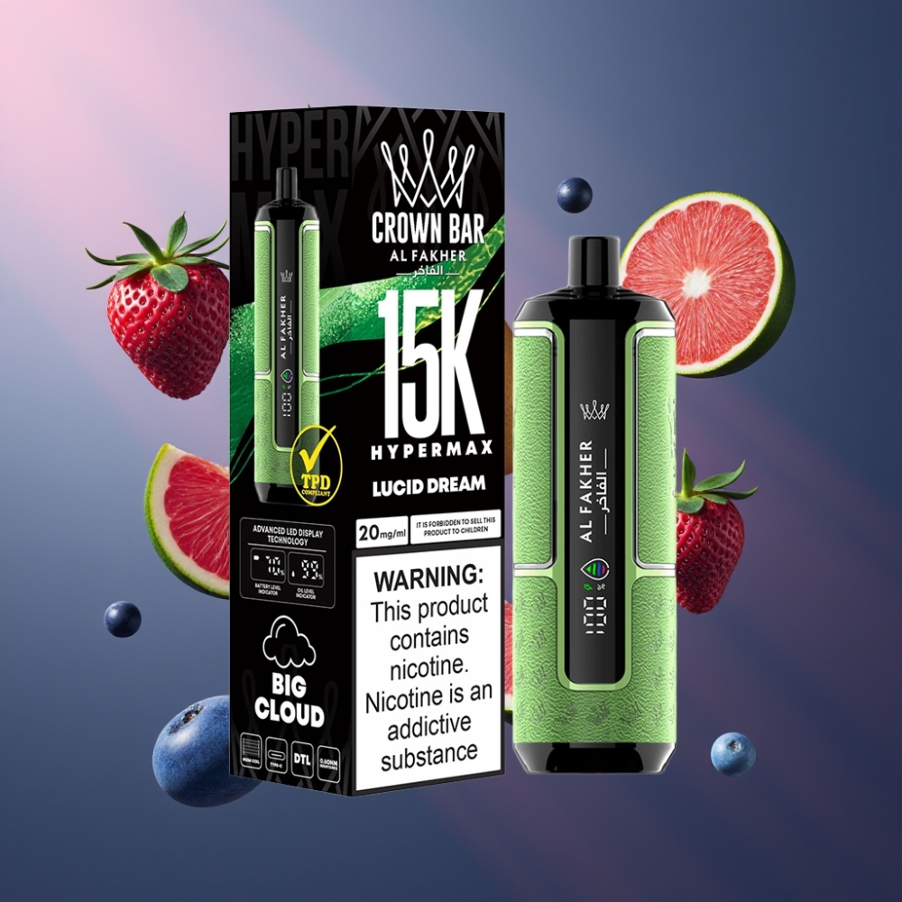 Al Fakher Crown Bar 15K Hypermax Vape til Engangsbruk Kit Norge Engros – 22ml E-Liquid, 15.000 Puff, 600mAh Type-C, 6mg Nikotin, DTL, Kompakt Design