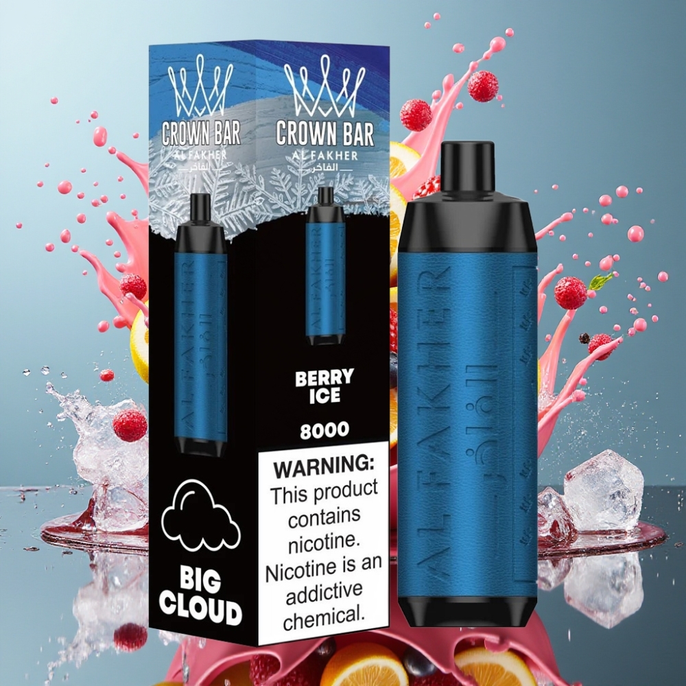 Al Fakher Crown Bar 8000 Crystal Engangs Vape Norge Engros – Bær Is, 18ml, 5mg Nikotin, 8000 Puff, 600mAh Batteri, USB-C Lading