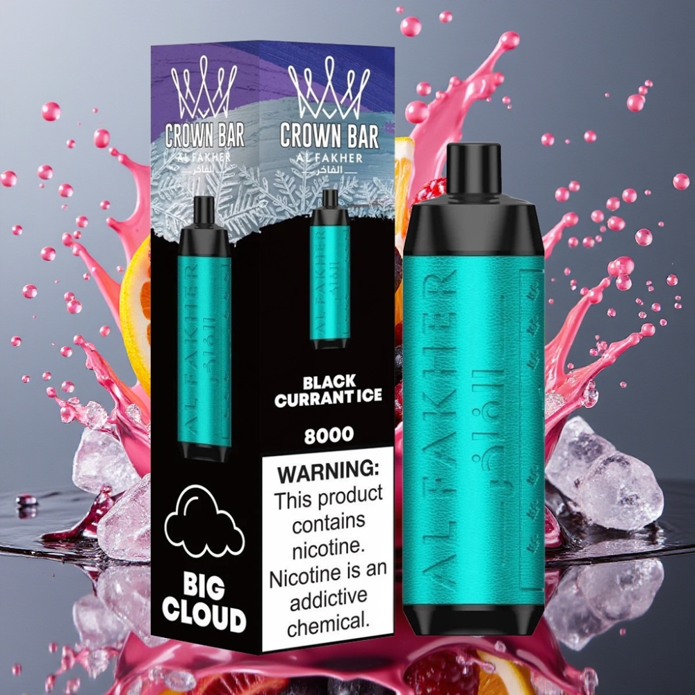 Al Fakher Crown Bar 8000 Crystal Engangs Vape Norge Engros – Svartsolbær Is – 18ml e-Liquid, 5mg Nikotin, 8000 Puffs, 600mAh Batteri, USB-C