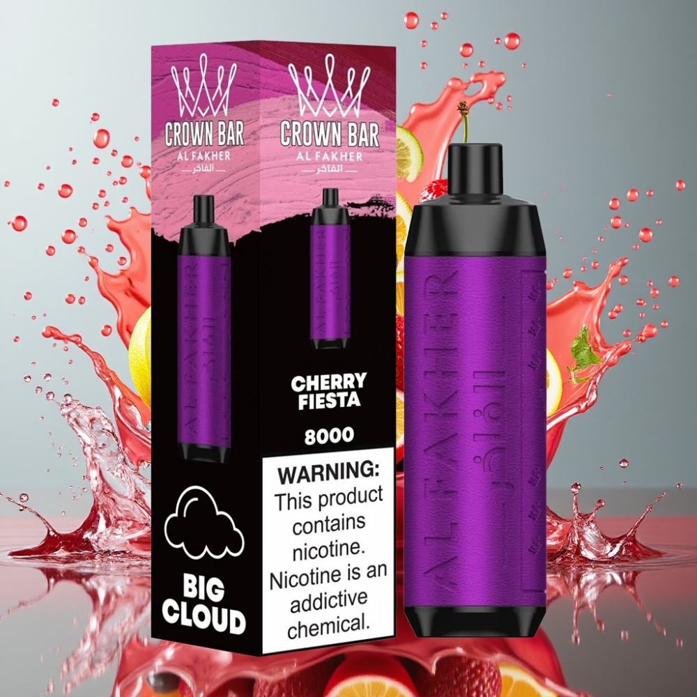 Al Fakher Crown Bar 8000 Crystal Norge Engros – 18ml e-Liquid, 5mg Nikotin, 8000 Puffs, USB-C, 600mAh Battery, Kirsebær Fiesta