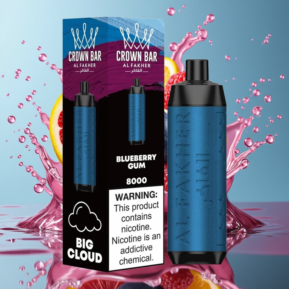 Al Fakher Crown Bar 8000 Crystal Norge Engros Engangs Vape Blåbærtyggegummi – 18ml, 5mg Nikotin, 8000 Puffs, USB-C Lading