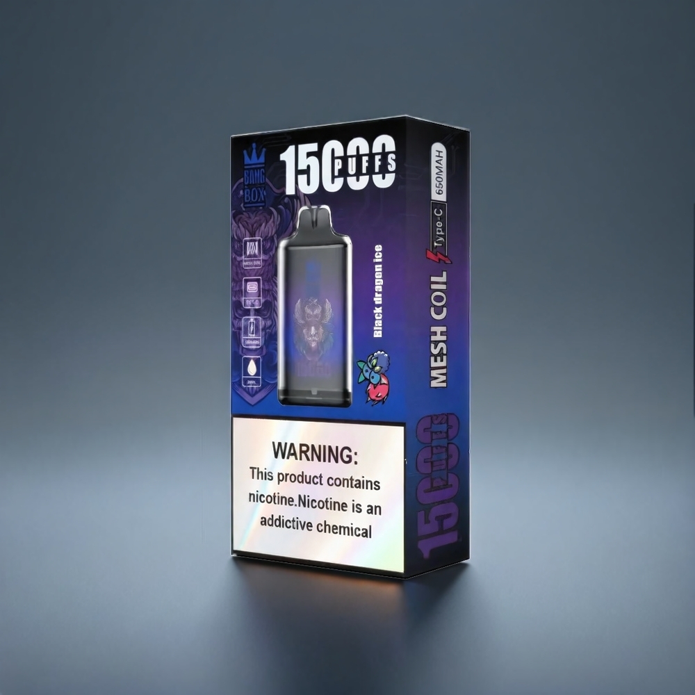 Bang Box 15000 Puffs Norge Engros – 23ml E-væske, 0%/2%/3%/5% Nikotin, 650mAh Batteri, TYPE-C – Svart Drake Is – 1 eske 10 stk