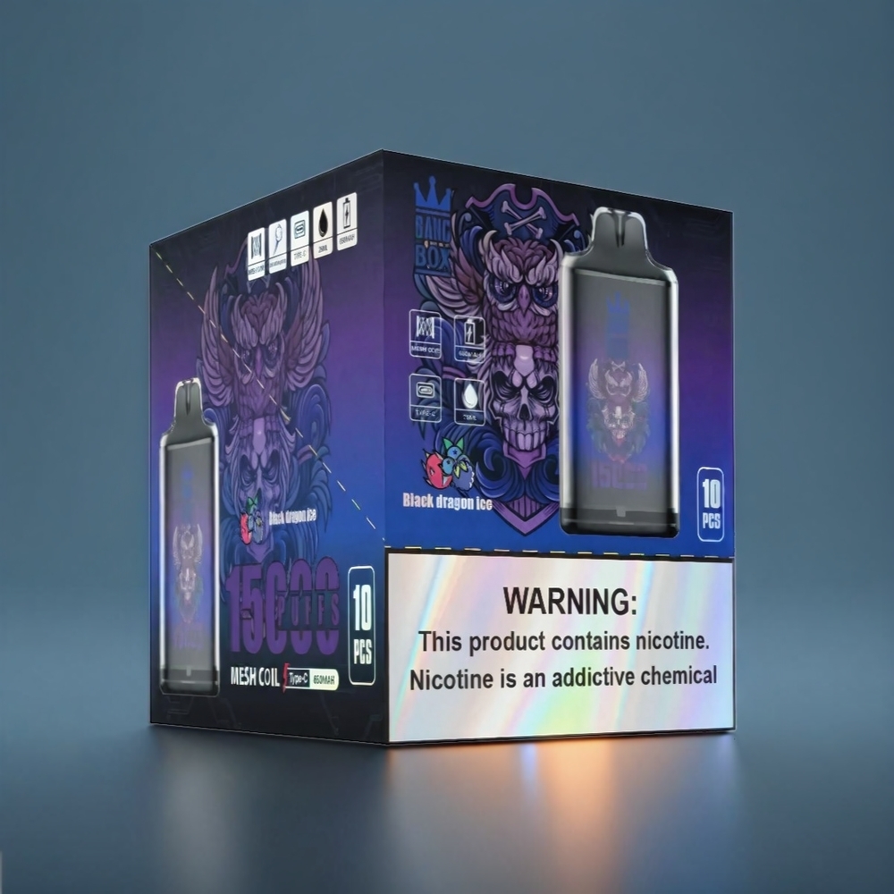 Bang Box 15000 Puffs Norge Engros – 23ml E-væske, 0%/2%/3%/5% Nikotin, 650mAh Batteri, TYPE-C – Svart Drake Is – 1 eske 10 stk