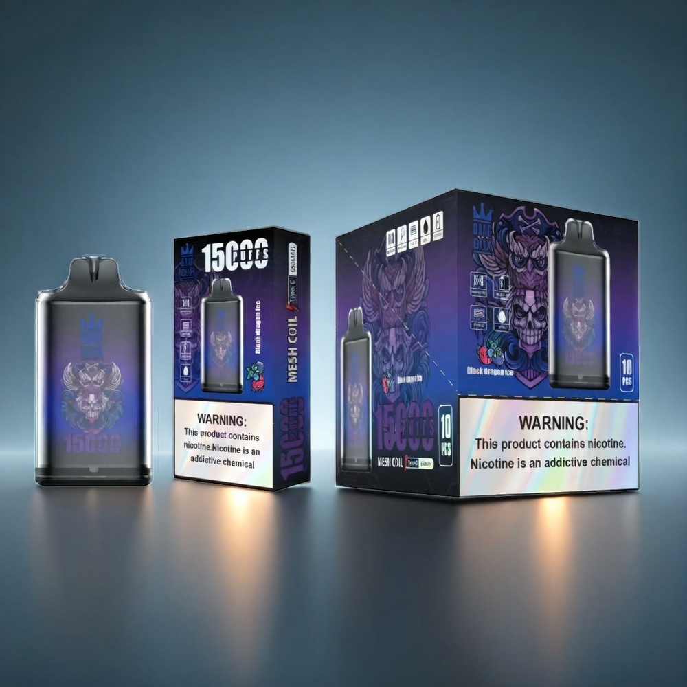 Bang Box 15000 Puffs Norge Engros – 23ml E-væske, 0%/2%/3%/5% Nikotin, 650mAh Batteri, TYPE-C – Svart Drake Is – 1 eske 10 stk