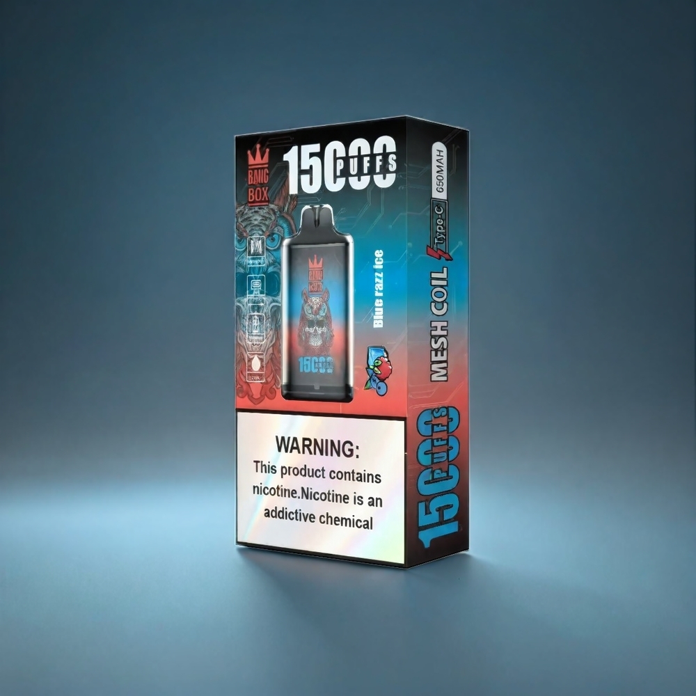 Bang Box 15000 Puffs Norge Engros – Blå Bringebær Is – 23ml E-væske, 0%/2%/3%/5% Nikotin, 650mAh Batteri, TYPE-C Lading – 1 eske 10 stk