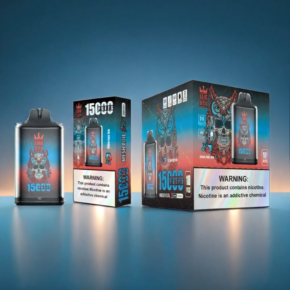 Bang Box 15000 Puffs Norge Engros – Blå Bringebær Is – 23ml E-væske, 0%/2%/3%/5% Nikotin, 650mAh Batteri, TYPE-C Lading – 1 eske 10 stk