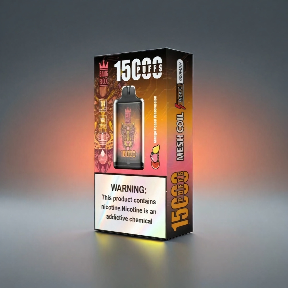Bang Box 15000 Puffs Norge Engros Mango Fersken Vannmelon – 23ml E-væske, 0%/2%/3%/5% Nikotin, 650mAh Batteri, TYPE-C Lading, 10 stk per boks