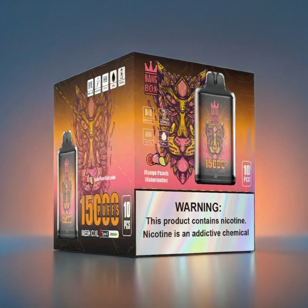 Bang Box 15000 Puffs Norge Engros Mango Fersken Vannmelon – 23ml E-væske, 0%/2%/3%/5% Nikotin, 650mAh Batteri, TYPE-C Lading, 10 stk per boks