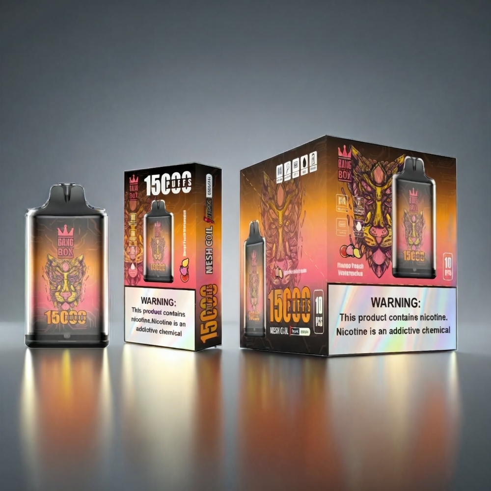 Bang Box 15000 Puffs Norge Engros Mango Fersken Vannmelon – 23ml E-væske, 0%/2%/3%/5% Nikotin, 650mAh Batteri, TYPE-C Lading, 10 stk per boks