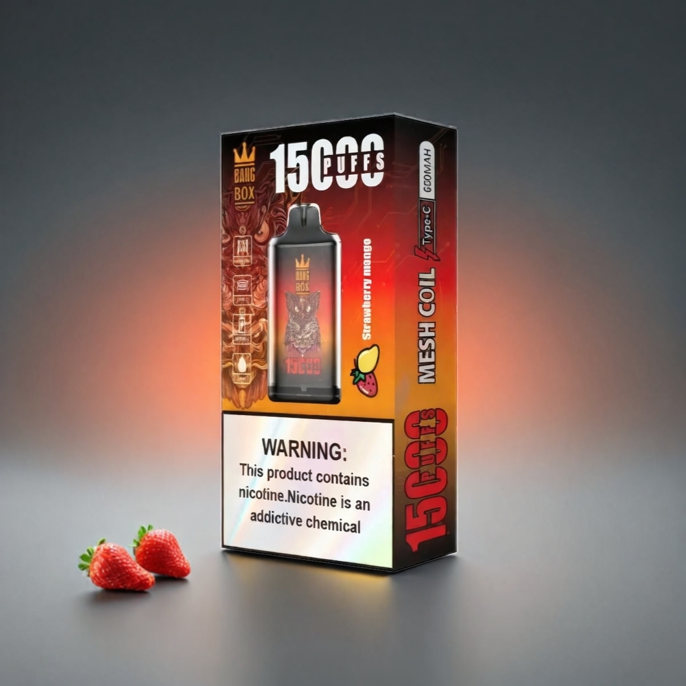 Bang Box 15000 Puffs Norge Engros Vape Jordbær Mango 23ml E-væske, 650mAh Batteri, Type-C, 10 stk per eske