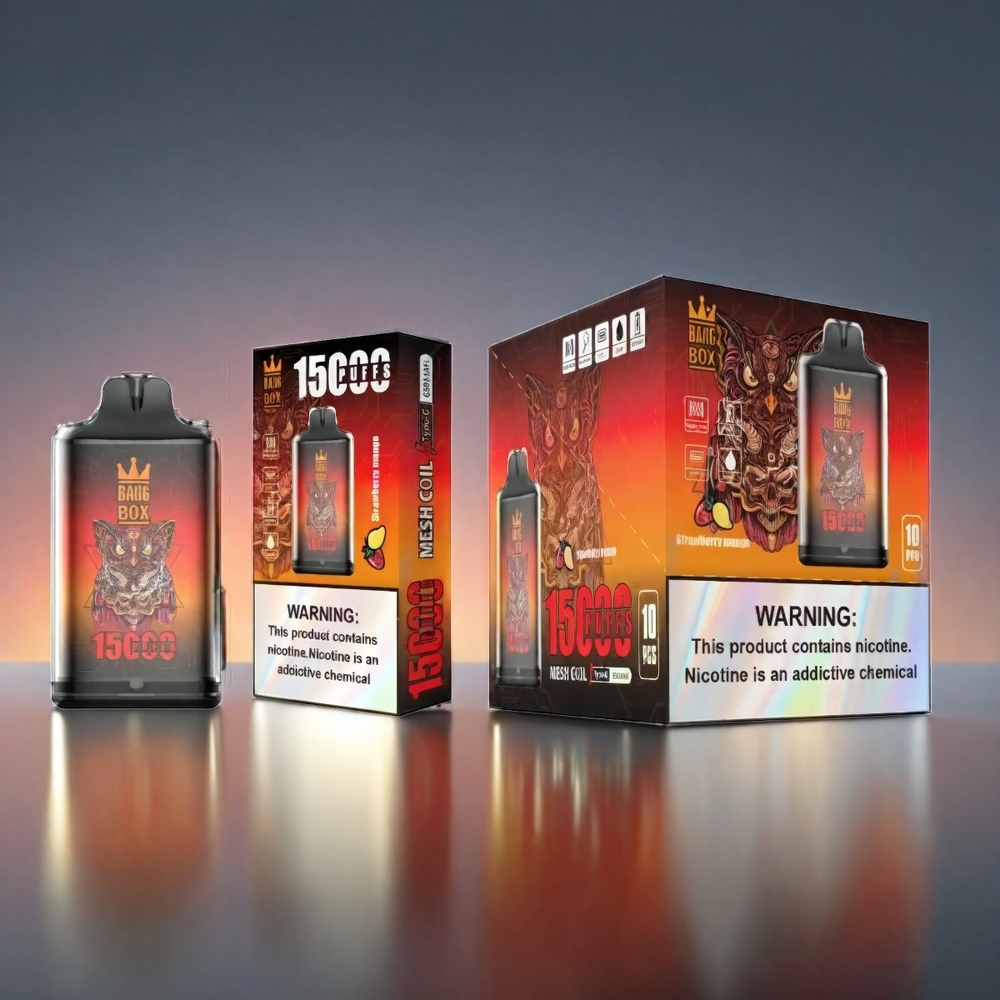 Bang Box 15000 Puffs Norge Engros Vape Jordbær Mango 23ml E-væske, 650mAh Batteri, Type-C, 10 stk per eske