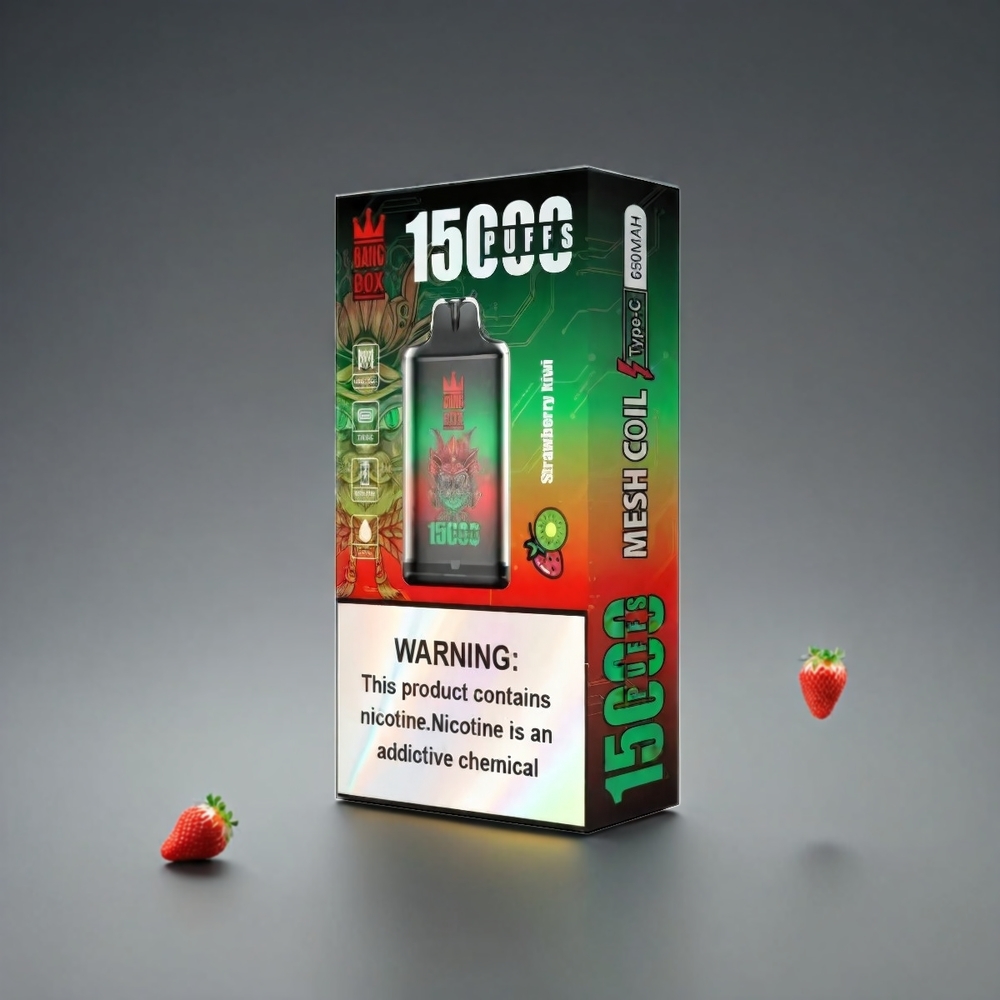 Norge engros Bang Box 15000 Puffs Vape Jordbær Kiwi 23ML 0%/2%/3%/5% Nikotin 650mAh TYPE-C 10 stk per boks