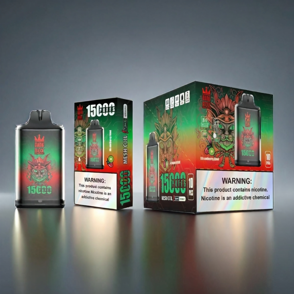 Norge engros Bang Box 15000 Puffs Vape Jordbær Kiwi 23ML 0%/2%/3%/5% Nikotin 650mAh TYPE-C 10 stk per boks