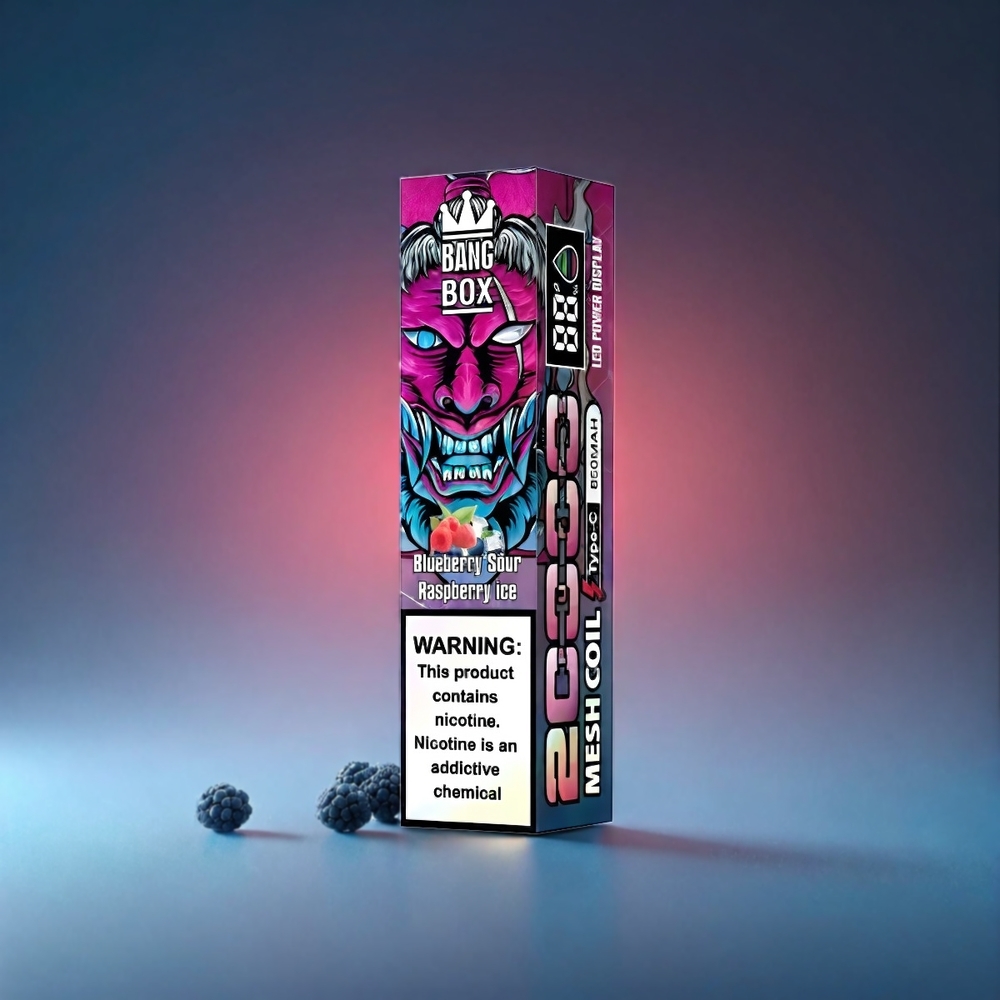 Bang Box 20000 Puffs Norge Engros – Blåbær Sur Bringebær Is – 35ml E-Liquid, 850mAh, 0/2/3/5% Nikotin