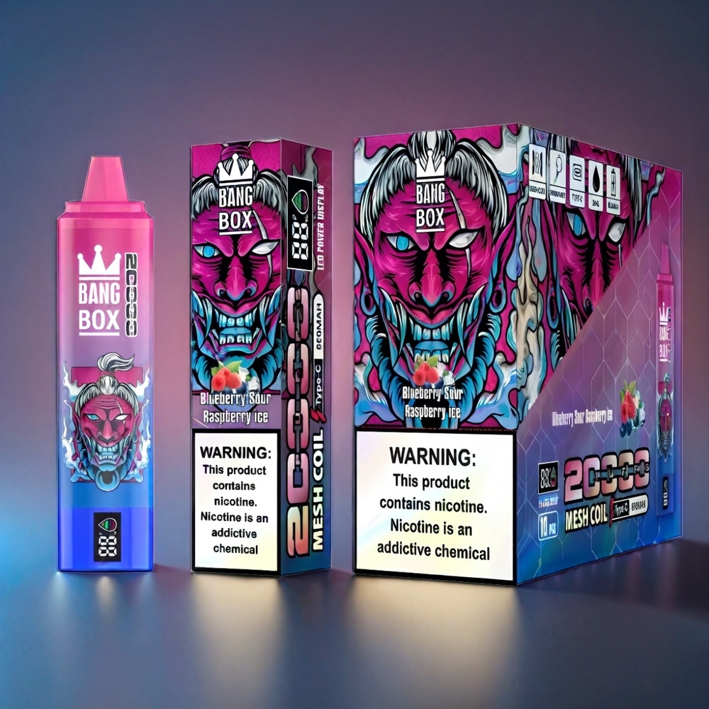 Bang Box 20000 Puffs Norge Engros – Blåbær Sur Bringebær Is – 35ml E-Liquid, 850mAh, 0/2/3/5% Nikotin