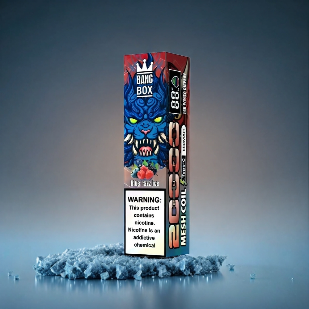 Bang Box 20000 Puffs Norge Engros Vape Blå Bringebær Is med 35ml E-Liquid, Smart Skjerm, 850mAh og Mesh Coil