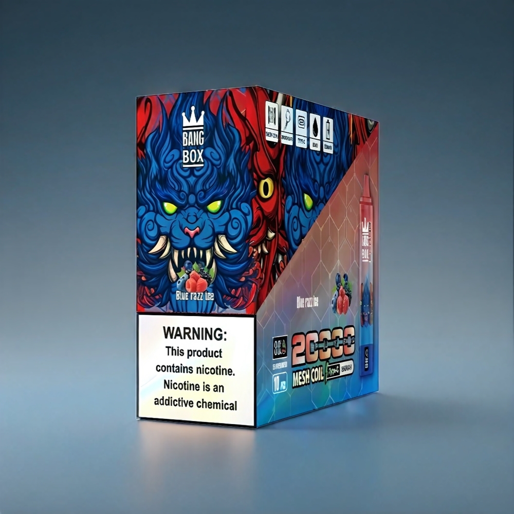 Bang Box 20000 Puffs Norge Engros Vape Blå Bringebær Is med 35ml E-Liquid, Smart Skjerm, 850mAh og Mesh Coil