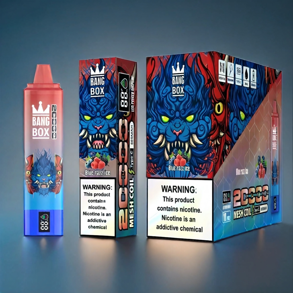 Bang Box 20000 Puffs Norge Engros Vape Blå Bringebær Is med 35ml E-Liquid, Smart Skjerm, 850mAh og Mesh Coil