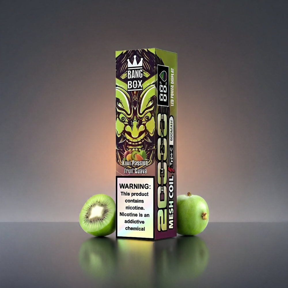 Bang Box 20000 Puffs Vape Norge engros – Kiwi Pasjonsfrukt Guava – 35ml E-Lagring, 850mAh Oppladbar, Smart Skjerm, 0%-5% Nikotin, Mesh Coil