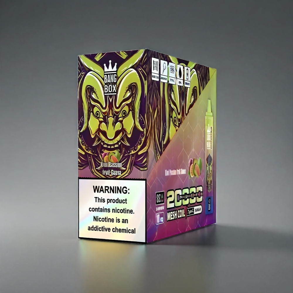Bang Box 20000 Puffs Vape Norge engros – Kiwi Pasjonsfrukt Guava – 35ml E-Lagring, 850mAh Oppladbar, Smart Skjerm, 0%-5% Nikotin, Mesh Coil