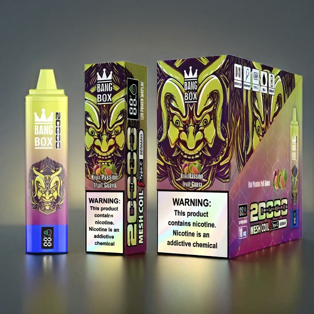 Bang Box 20000 Puffs Vape Norge engros – Kiwi Pasjonsfrukt Guava – 35ml E-Lagring, 850mAh Oppladbar, Smart Skjerm, 0%-5% Nikotin, Mesh Coil