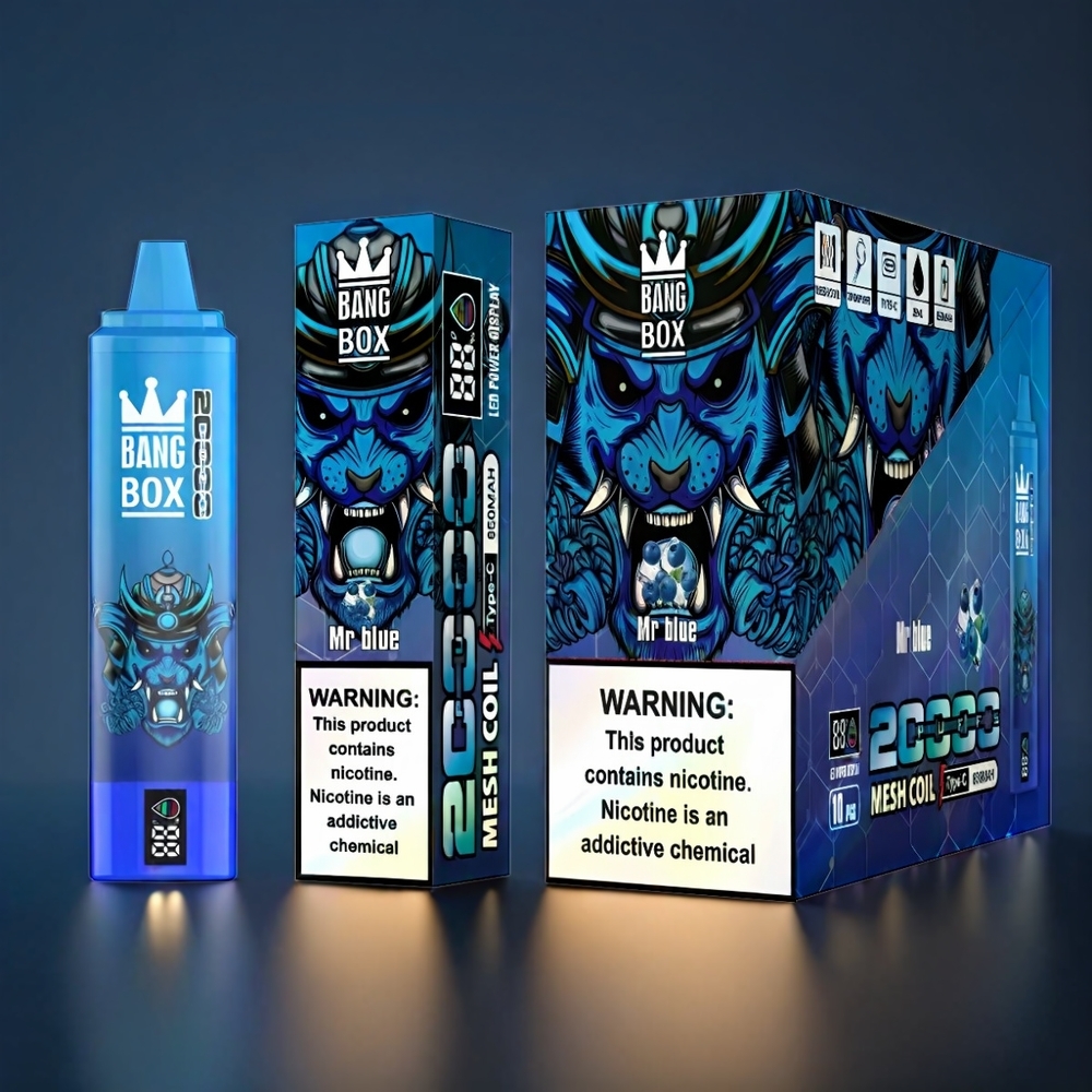 Norge Engros Bang Box 20000 Puffs Vape Herr Blå - 35ml Kapasitet, 12 Smaker, Smart Skjerm med Olje/Strøm Indikator, Oppladbar 850mAh, Mesh Coil