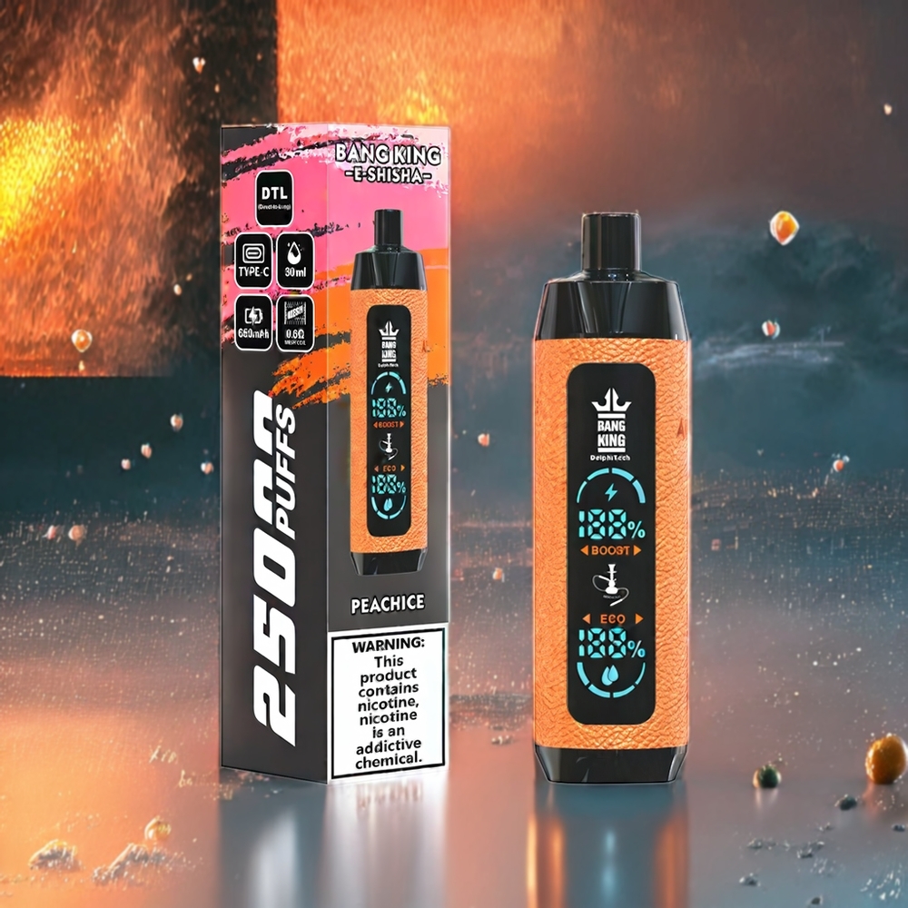 Bang King Shisha 25000 Puffs Norge engros Engangs vape Fersken Is 30ml 650 mAh Type-C 0.6 Ohm Mesh Coil Nikotinstyrke 0% 2% 3% 5%