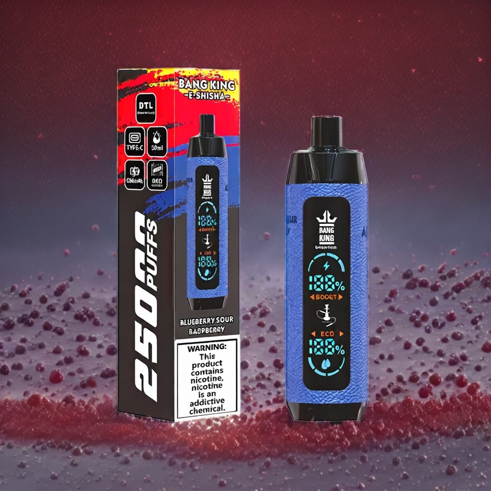 Bang King Shisha Norge Engros 25000 Puffs 30ml Blåbær Sur Bringebær Engangs vape med 650 mAh Batteri og Type-C Lading