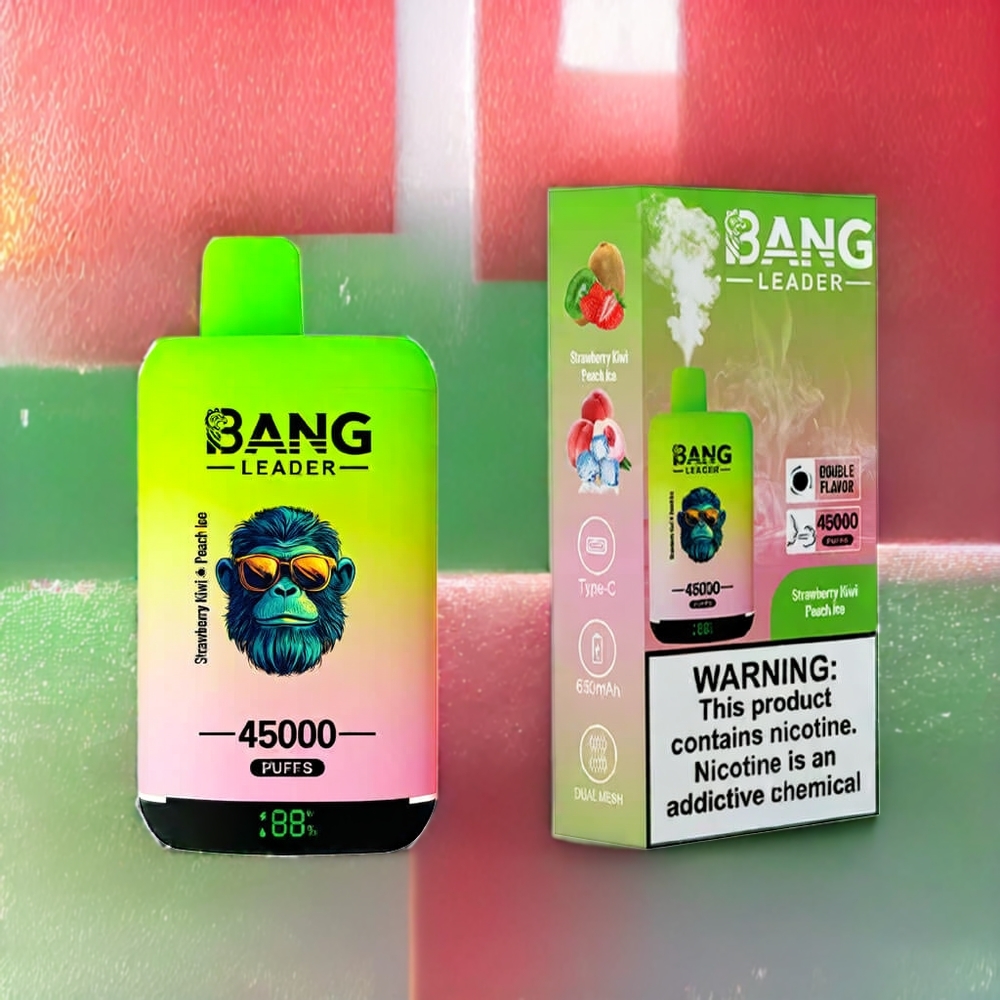 Bang Leader 45000 Puffs Norge Engros Engangs vape med Jordbær Kiwi Fersken Is Smak, Smart Skjerm, Type-C Lading og 0-5% Nikotin
