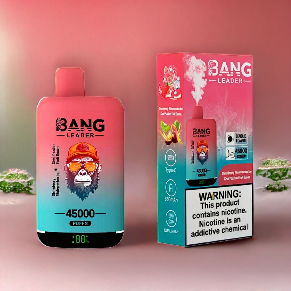 Bang Leader 45000 Puffs Norge Engros Engangs vape med Smart Skjerm og Type-C USB – Jordbær, Vannmelon, Kiwi, Pasjonsfrukt, Guava – 0%-5% Nikotin