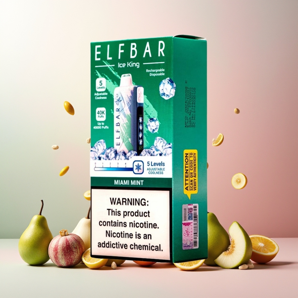 Elf Bar Ice King 40000 Puffs Norge Engros Vape til engangsbruk Miami Mynte med 20ml E-Væske, 850mAh Oppladbart Batteri, 5% Nikotin, Justerbar Kjøling & LCD Skjerm