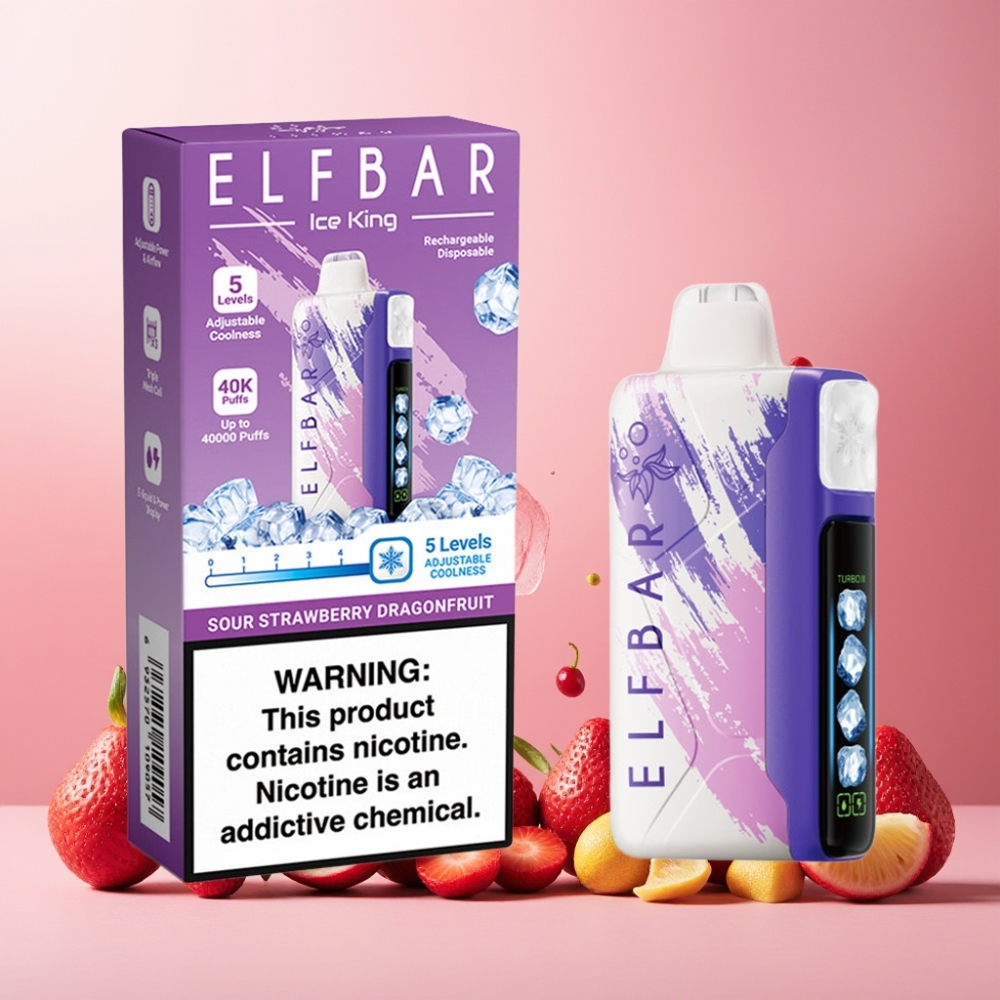 Elf Bar Ice King 40000 Puffs Norge Engros Vape til engangsbruk Sur Jordbær og Dragefrukt med 20ml E-Væske, 5% Nikotin, 850mAh Batteri og Justerbar Kjøling