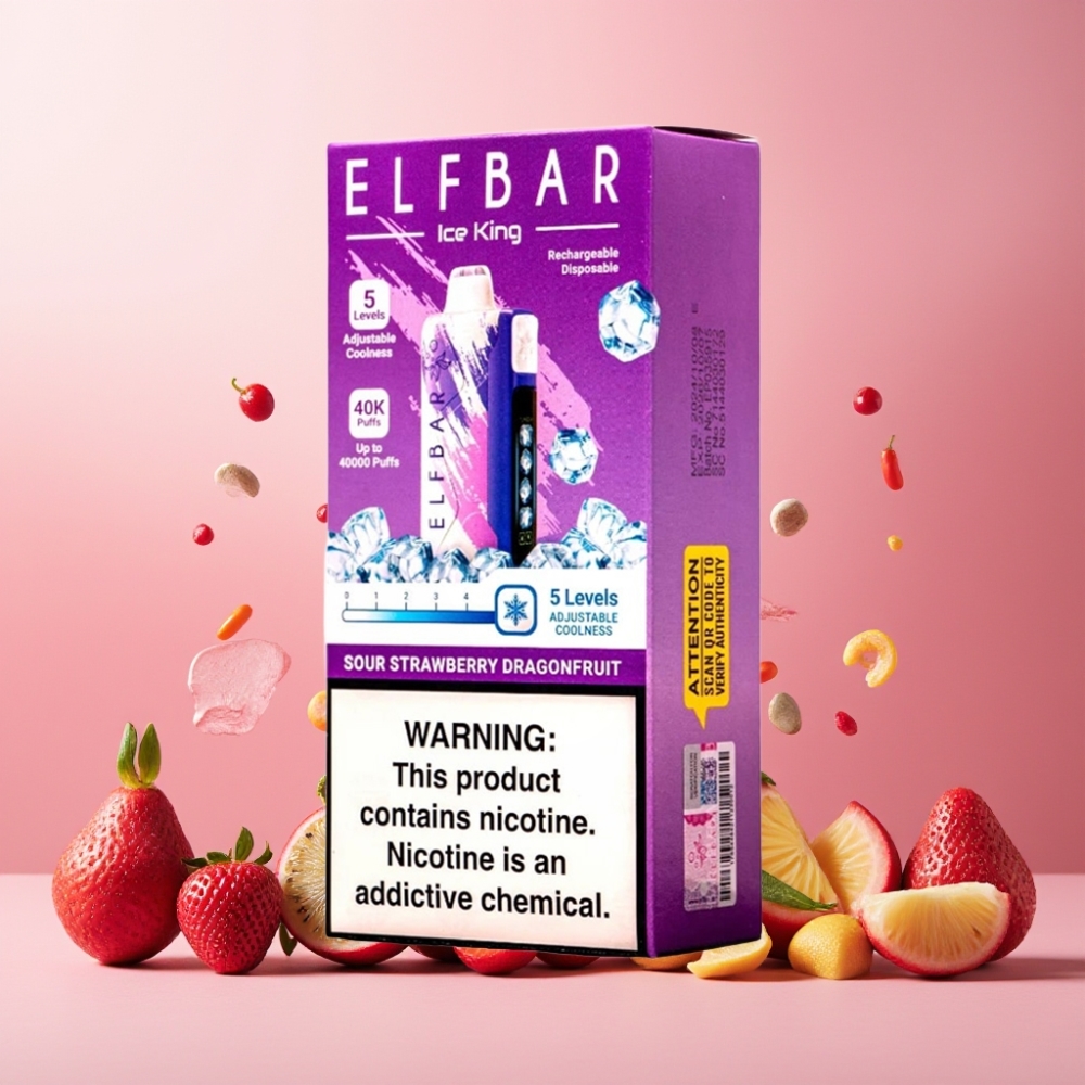 Elf Bar Ice King 40000 Puffs Norge Engros Vape til engangsbruk Sur Jordbær og Dragefrukt med 20ml E-Væske, 5% Nikotin, 850mAh Batteri og Justerbar Kjøling