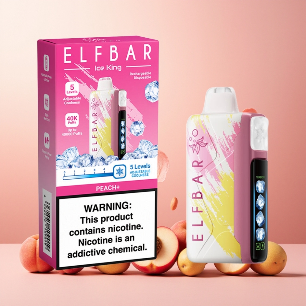Elf Bar Ice King Norge Engros 40000 Puffs Vape til engangsbruk Fersken med 20ml E-Væske, 5% Nikotin, 850mAh Oppladbart Batteri, Justerbar Avkjøling og LCD Skjerm