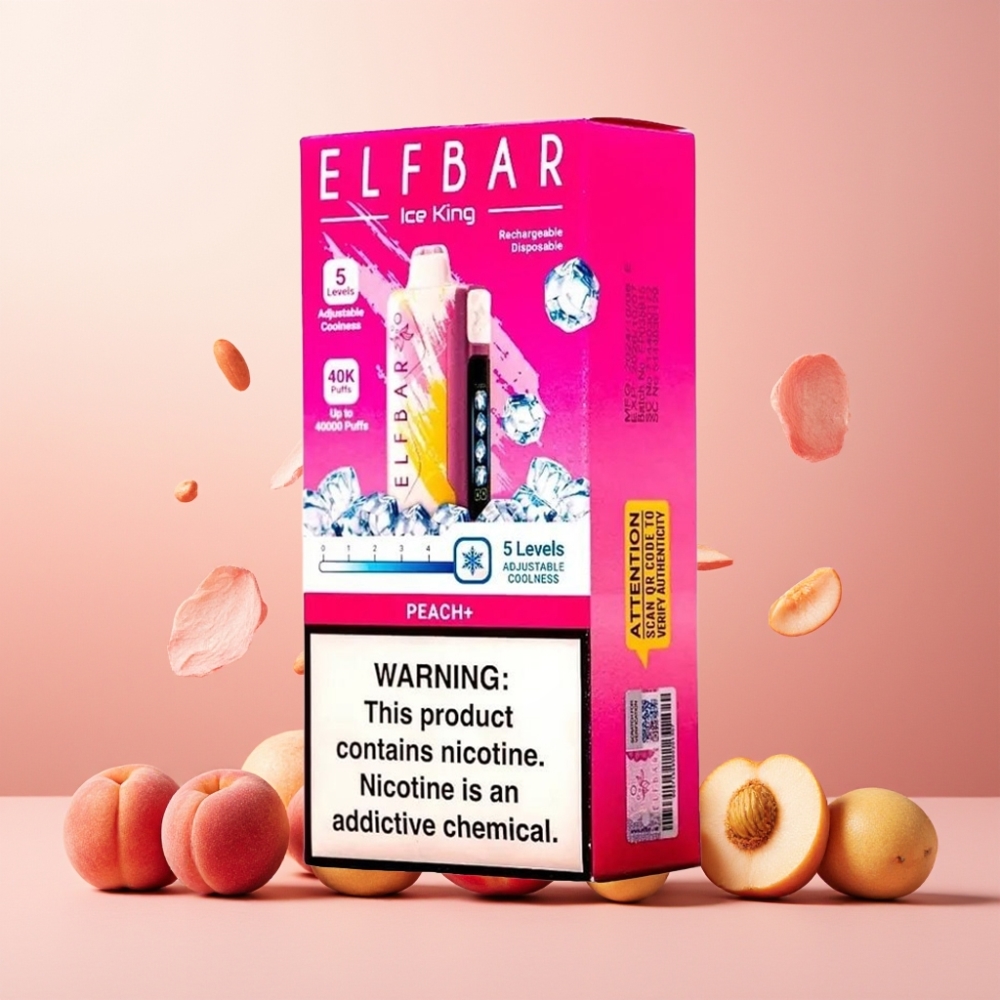 Elf Bar Ice King Norge Engros 40000 Puffs Vape til engangsbruk Fersken med 20ml E-Væske, 5% Nikotin, 850mAh Oppladbart Batteri, Justerbar Avkjøling og LCD Skjerm