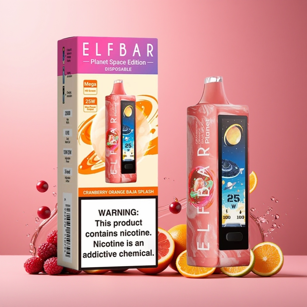 Elf Bar Planet 25000 Puffs Norge Engros Vape til engangsbruk 18ml E-væske 5% Nikotin 800mAh Oppladbar Batteri Mesh Coil Tranebær Appelsin Baja Splash