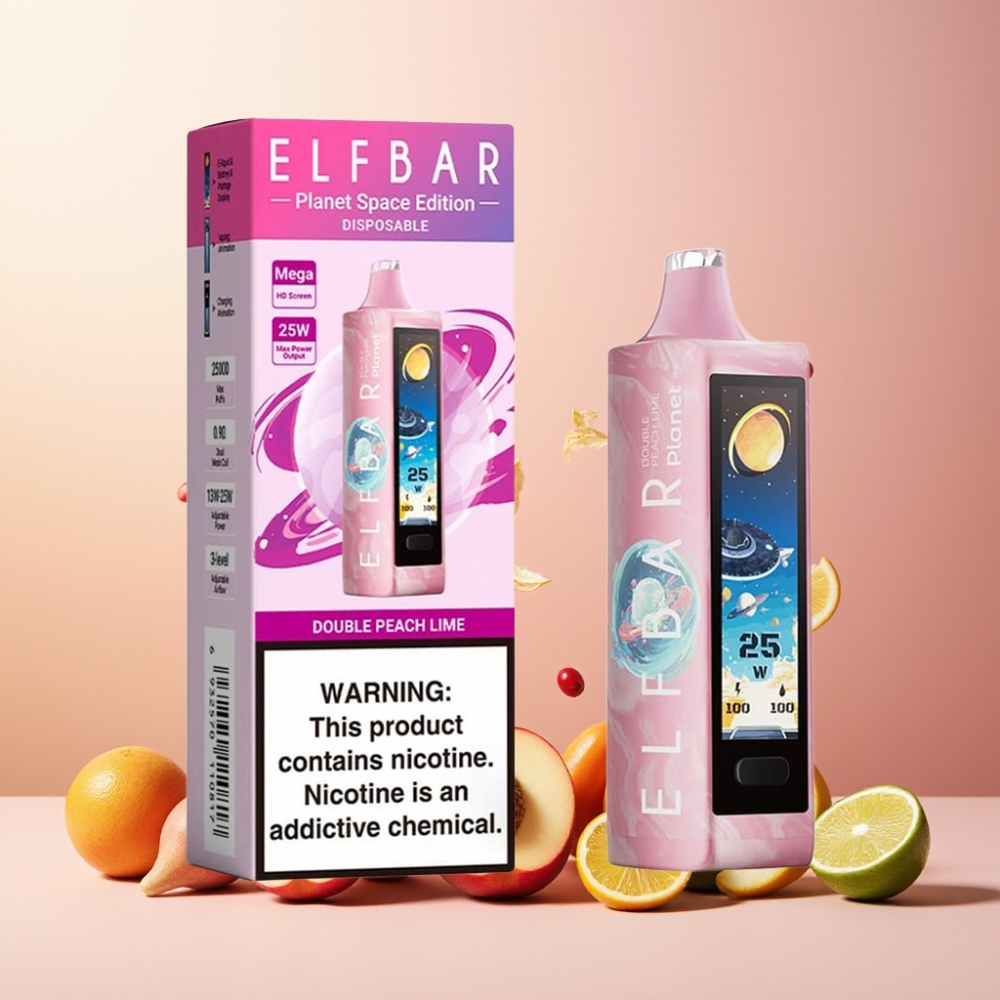 Elf Bar Planet 25000 Puffs Vape til engangsbruk Norge Engros – Dobbel Fersken Lime, 5% Nikotin, 18ml E-væske, 800mAh Oppladbart Batteri, Mesh Coil