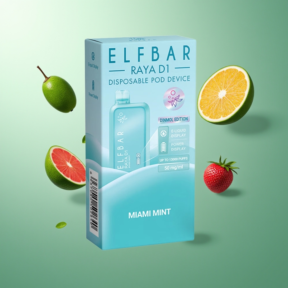 Elf Bar Raya D1 Norge Engros 13000 Puffs 18ml 650mAh Type-C Ladbar Vape til Engangsbruk Miami Mynte 50mg/5% Nikotin