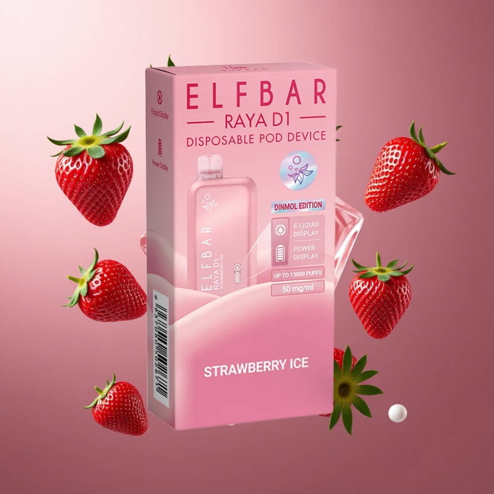 Elf Bar Raya D1 Norge Engros – 13000 Puffs, 18ml Kapasitet, 650mAh Oppladbart Batteri, Jordbær Is