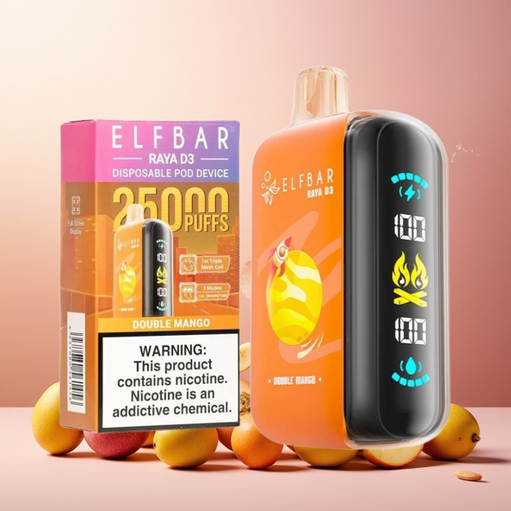 ELF BAR RAYA D3 25000 Puffs Norge Engros Vape til engangsbruk Dobbel Mango – 23ml, 5% Nikotin, Type-C Lading, 850mAh Batteri
